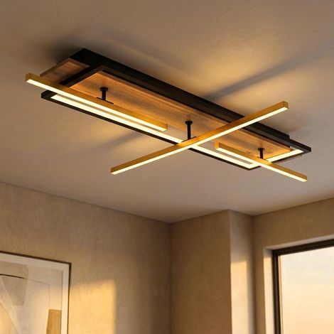 Plafonnier LED Lampe en bois laiton Lampe de salon réglable, métal aluminium noir MDF, 48W 2100lm 3000K blanc chaud, LxlxH 100x60,5x11,5 cm (1/5)