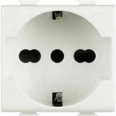 Prise électrique type P40 2P+T. Permet de connecter une prise Schuko ou une prise de 10 ou 16 A sans adaptateurs. Installation facile. Couleur : blanc