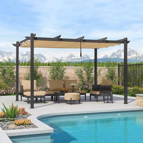 PURPLE LEAF Pergola Jardin Extérieure Rétractable en Aluminium, Cadre Gris, avec Double Auvent Pare-soleil, 4 x 3 m, Beige