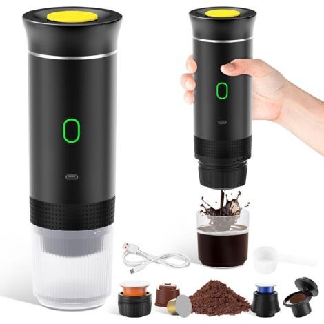 Cafetière Portable 3 en 1,Rechargeable Cafetière Portable de Voyage,12V Machine a Cafe pour Capsule,Café Moulu,pour Camping,Voyage,Bureau,Voiture,Maison, Noir