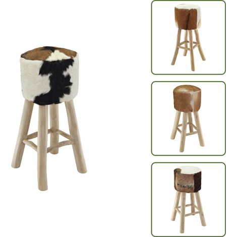 Barhocker Echtleder und Teak Massivholz - Fellhocker - Barhocker - Wohnzimmer Deko - Vintage Stuhl - Holztisch