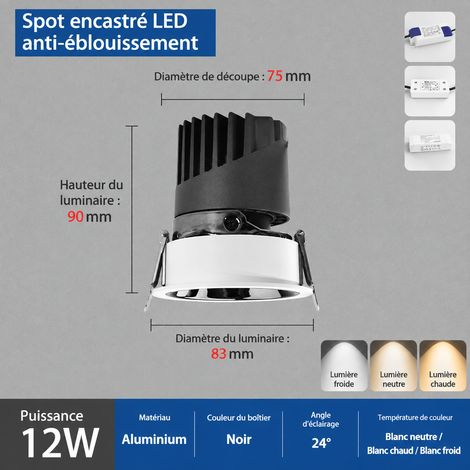Spot encastrable COB 12W orientable 30° lumière neutre coupelle gris canon découpe 75 mm 12w 83 75mm réf 141 g – Livraison gratuite