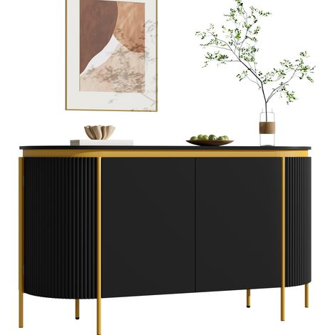 Buffet, commode, MDF, pieds en fer, 4 portes ovales aux extrémités arrondies, étagère rainurée, gestion des câbles, salon (1/5)