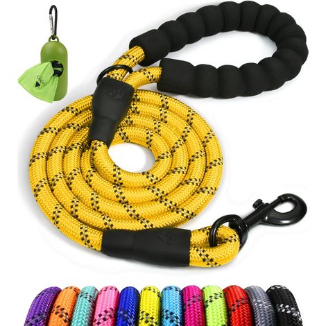 1 - Laisse Chien - Corde Nylon - Poignée Rembourrée Et Fils Réfléchissants - Pour Promenade Nocturne Et Randonnée - Jaune - 150x1.2cm (1/5)