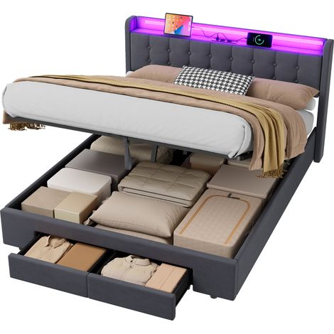 Letto 160x200 cm Imbottito con LED, 2 Grandi Cassetti, Porte USB, Meccanismo Idraulico, Velluto Durevole - Design Moderno e Funzionale (1/5)