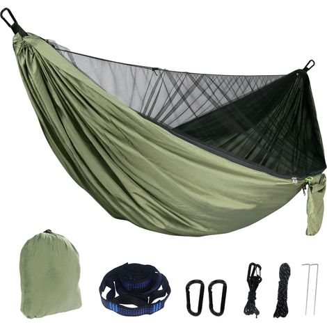 Amaca da campeggio portatile in nylon 210T con zanzariera (verde militare/290x140 cm) (1/5)