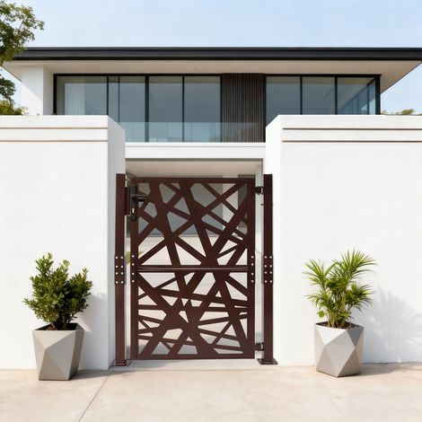Portail de jardin en métal Porte de jardin en acier, verrouillable Portail de la cour Porte d'entrée pour jardin, terrasse et allée avec motif perforé géométrique, 130 cm de haut (marron) (1/4)