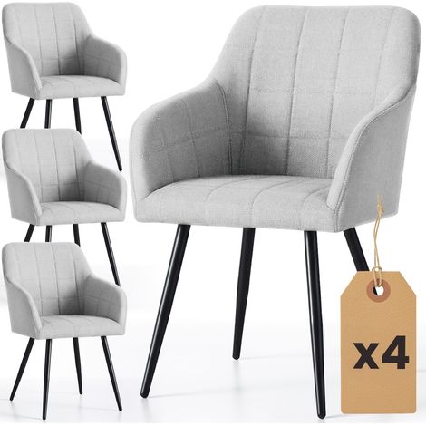 Lot de 4 Chaises rembourrées à surpiqûres carrées LUXANO Gris Clair pieds noirs tissu Lumos (1/5)