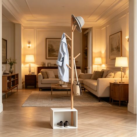MEUBLIV Perchero 40x30x180 cm blanco y bambú – 6 ganchos, almacenaje integrado (1/5)