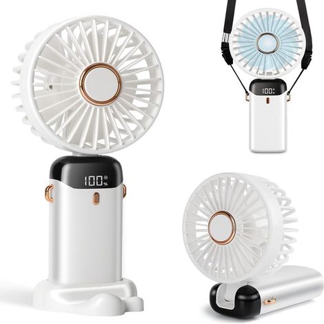 Ventilateur portable de poche 3200 mAh, 5 vitesses, mini ventilateur de bureau pliable pour le cou, blanc (1/5)