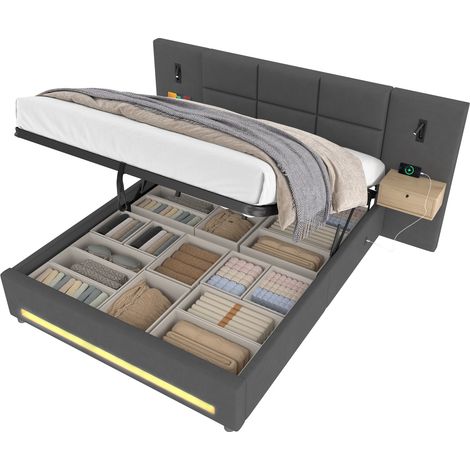 Lit coffre 180x200 en velours gris foncé avec tête de lit à rangement, LED, veilleuses latérales, ports USB-C et cadre métal, chambre adulte - CHICFURN (1/5)