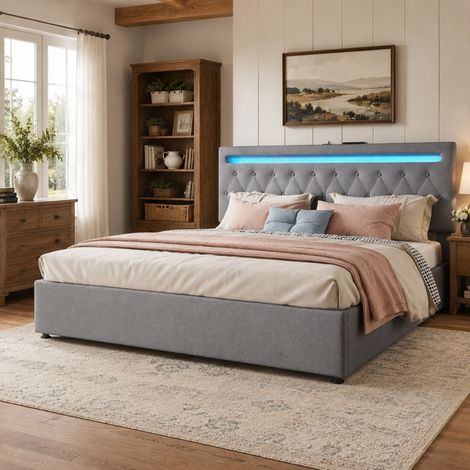 Cama tapizada 180 x 200 cm con arcón hidráulico, LED ambiental multicolor, USB y estructura de MDF en lino gris, para dormitorio moderno y amplio CHICFURN (1/5)