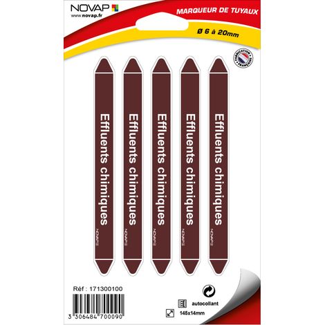 Planche de 5 marqueurs de tuyauterie 145 x 14 mm pour Ø 6 à 20 mm - Effluents chimiques - 4700090