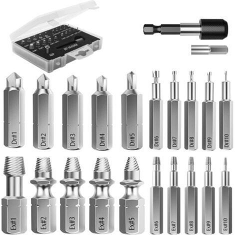 Kit d'Extracteur de Vis Cassé, 22 PCS Outils d'Extraction Améliorés en Acier Allié avec Mèches 2 Porte-embouts d'Extension Magnétique Adaptateur de Prise pour Boulon Endommagé, Noir (1/4)