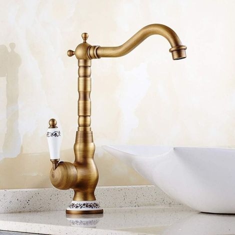 Robinet Lavabo Retro PoignéE Unique Robinetterie de Lavabo Robinet Salle Bain,PoignéE en CéRamique Robinet Lavabo Salle de Bain Robinet D'évier de Cuisine（Laiton Antique, Haut)