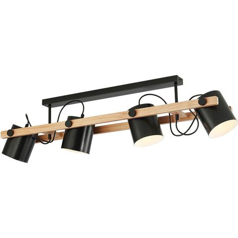 Plafonnier 4xE27 23W IP20 – Design noir & bois naturel (1/4)