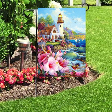Drapeau de jardin double face « Bienvenue amis oiseaux fleurs papillon » 30 x 45 cm, motif fleurs d'été et de printemps, idéal pour la décoration extérieure de votre maison ou de votre fête. (1/5)