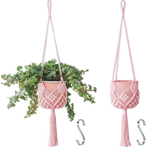 Set di 2 appendini per piante in macramè decorato, per interni ed esterni, adatti a vasi fino a 20 cm di diametro, rosa chiaro. (1/5)
