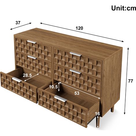 Aparador de 120x37x77 cm con diseño de gofre color chocolate, cómoda con aspecto de roble y 6 cajones, aparador con tiradores metálicos, mueble multiusos de estilo de mediados de siglo para salón, dor (1/5)