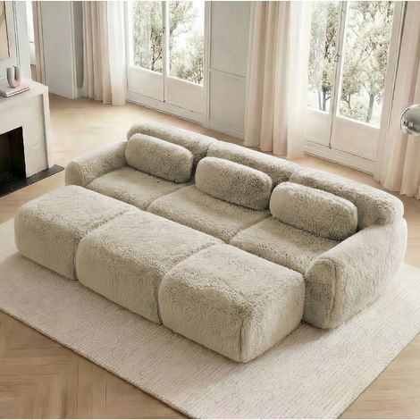 3-Sitzer modulares Sofa ohne Gestell, 3 Ottomane, Plüsch, Beige HAVRYA (1/5)