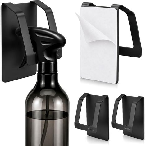 Porte-bouteille de vaporisateur, crochet pour bouteille de pulvérisation adhésive, porte-bouteille en acier inoxydable, support mural non percé pour placard, cuisine ou sous-évier, 4 pièces, noir (1/5)