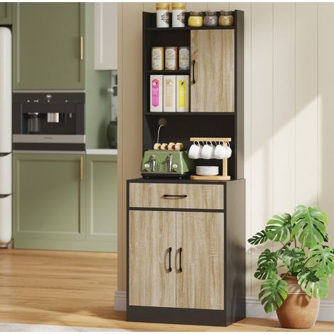 Buffet de cuisine avec plan de travail, 3 étagères ouvertes et tiroir, effet bois naturel et noir (1/5)