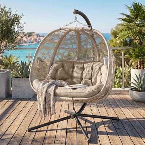 Fauteuil suspendu 2 places, panier de siège pliable, grand coussin d'assise, couleur sable, 130 x 103 x 172 cm (1/4)