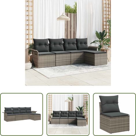 vidaXL Poly-Rattan - Outdoor-Sofa mit Kissen 5 pcs Grau Poly-Rattan (1/5)