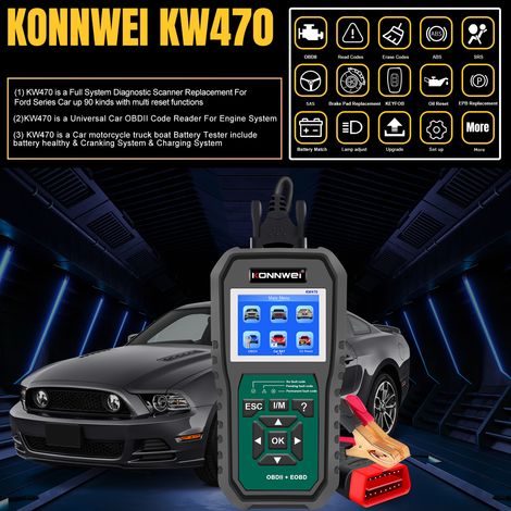 Ortviai Lecteur de codes OBD2 KW470 avec testeur de batterie et diagnostic complet pour voitures universelles à partir de 1996