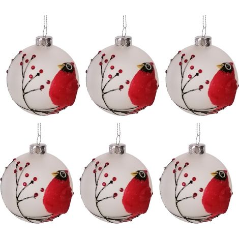 Palline in vetro soffiato bianco opaco con uccello rosso per albero di Natale addobbi decorazioni natalizie set da 6 (1/5)