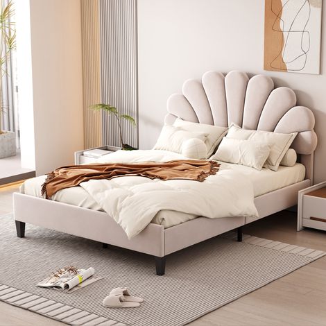 Cama Doble 140x200 cm Cabecero Floral Terciopelo Hipoalergénico Beige (Sin Colchón) (1/5)