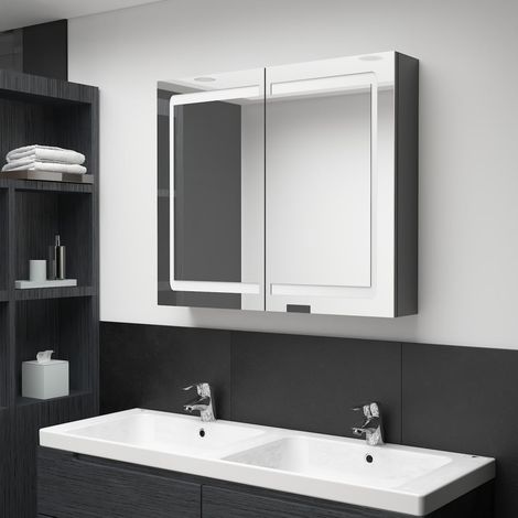 Armoire murale à miroir de salle de bain  Armoire Toilette Moderne avec miroir LED Gris brillant 80x12x68 cm -16004 (1/5)