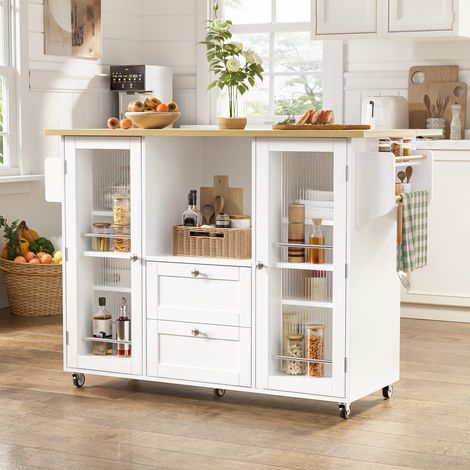 Îlot de Cuisine 120x45-70x92 cm sur Roulettes avec Plan Rabattable, 2 Tiroirs, Range-Épices et Porte-Serviettes (1/5)