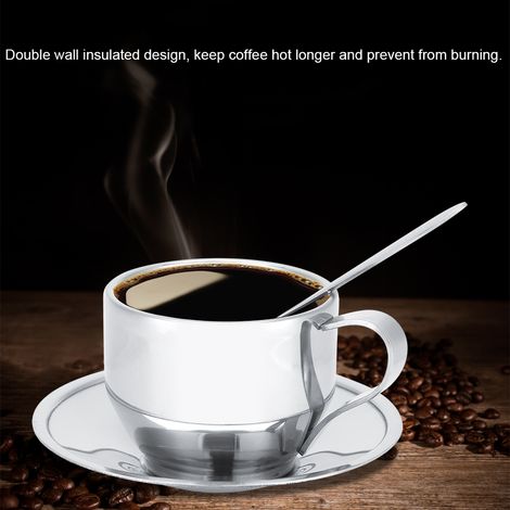 Ensemble tasse à café isotherme en acier inoxydable avec soucoupe et cuillère (1/5)