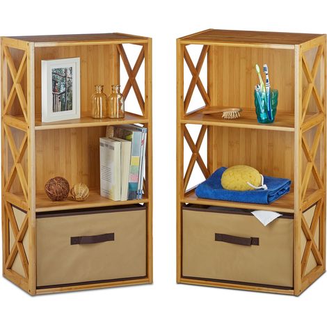 Etagère en bambou, lot de 2, 3 niveaux, avec panier de rangement, bois nature, HxlxP: 80 x 42 x 29 cm, nature