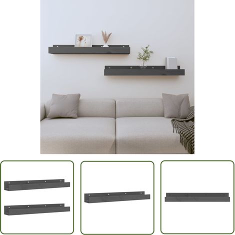 The Living Store Étagères murales 2 pcs Gris 80x12x9 cm Bois de pin massif - Étagères Murales - Étagères Flottantes - Étagères Bois - Décoration Murale - Rangement Mural (1/5)