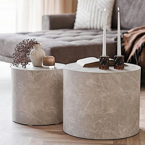 Table basse ronde design effet marbre grège (lot de 2) TORANO (1/4)