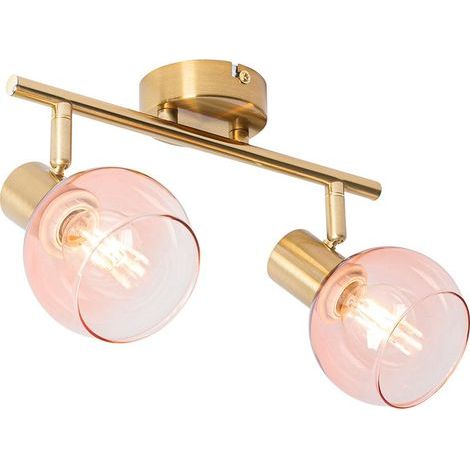 Qazqa – Plafonnier Art Déco doré avec verre rose – 2 ampoules E14 – Intensité variable – Dimensions : 41,1 x 16 x 10 cm – Pour salon et chambre (1/5)