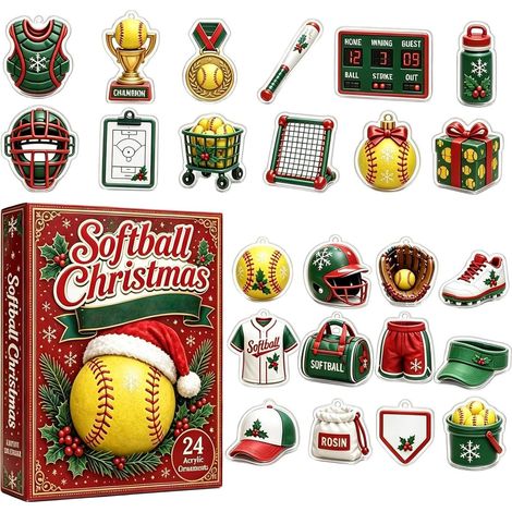 Calendrier de l'Avent 2026 Softball, 24 ornements en acrylique 2D à suspendre, cadeau sportif (1/5)