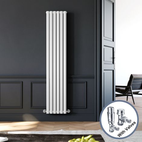 ELEGANT 1800 x 360 mm Modern White Vertical Column Radiator Double Oval Panel Designer Bathroom Rads + Chrome Thermostatic Radiator Valves (1/5)