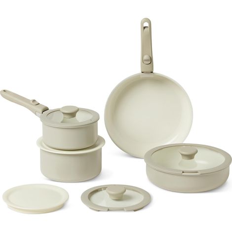 Ustensiles de Cuisine Empilables Antiadhésifs en Céramique avec Poignées Amovibles, Lot de 11 Pièces, Compatibles Tous Feux, Couleur Gris Lin (1/5)