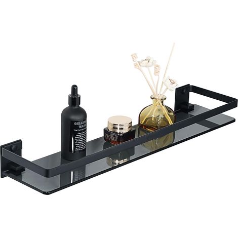 Étagère de Douche Etagere Murale Salle de Bain, Tablette en Verre Trempé et Cadre en Acier Inoxydable, Rangement Douche Finition Noire, 50CM, EGDL1001-50-B (1/5)
