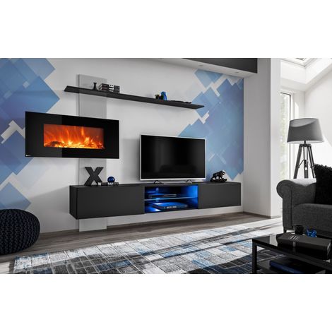 Ensemble de 3 meubles muraux "Flame" avec une cheminée électrique - Noir - L 250 x H 170 x P 40 cm - Livraison gratuite