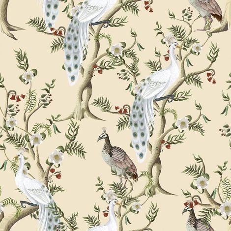 Papier Peint Paons Beige Papier Peint Fleuri Beige Chinoiserie Papiers Peints Oiseaux Et Fleurs Vintage Adhesif Mural Decora[BI170] (1/5)