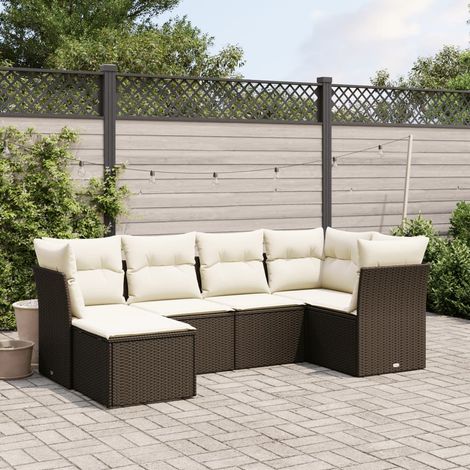 Ensemble Salon de Jardin 6 Places en Résine Tressée Marron avec Coussins Crème - Modulaire, Housses Lavables, Acier Enduit Poudre (1/4)