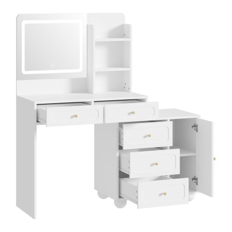 Grande coiffeuse avec miroir et éclairage LED réglable  comprend 5 tiroirs, 1 porte de placard et 3 compartiments de rangement  blanc  dimensions : 80 × 39,8 × 127 cm (1/5)