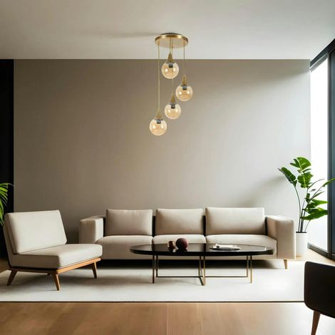 Suspension moderne dorée 4 globes verre ambré SIERRE (1/5)