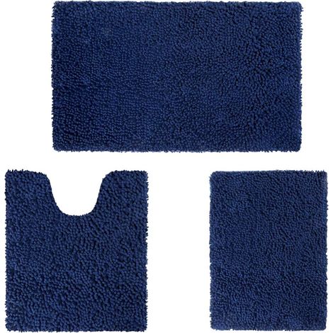 Ensemble de 3 tapis de bain en chenille douce, lavables en machine et antidérapants, pour baignoire, douche et salle de bain, bleu marine. (1/5)