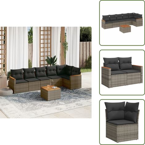The Living Store Salon de jardin avec coussins 7 pcs gris résine tressée - Ensemble Salon De Jardin - Mobilier De Jardin - Canapé Extérieur - Set De Salon - Chaise Longue