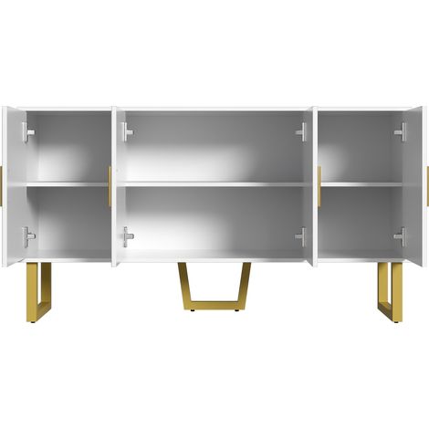 Buffet blanc brillant 150 cm, meuble buffet 4 portes avec étagères réglables, bahut moderne blanc et doré avec pieds en métal mat (1/5)